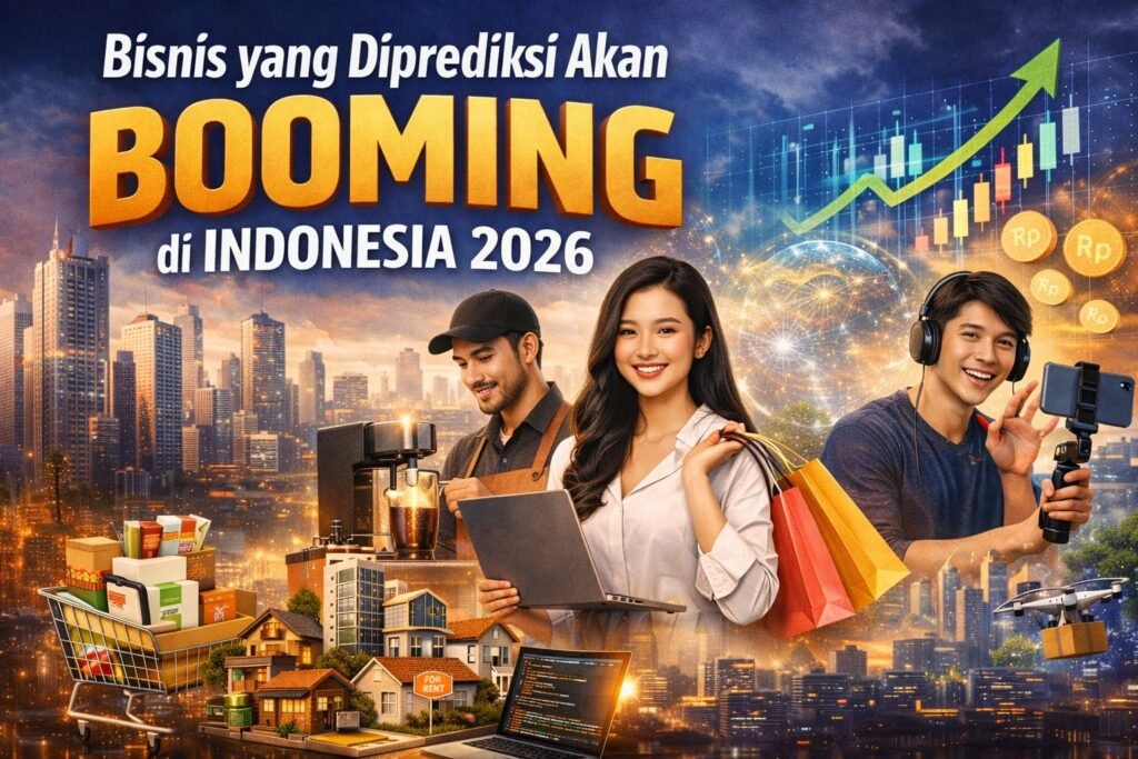 Ilustrasi bisnis yang diprediksi akan booming di Indonesia tahun 2026 seperti e-commerce, kuliner, konten kreator, dan properti