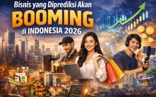 Ilustrasi bisnis yang diprediksi akan booming di Indonesia tahun 2026 seperti e-commerce, kuliner, konten kreator, dan properti