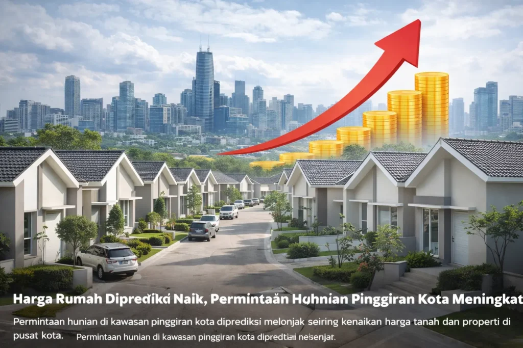 ilustrasi perumahan minimalis di kawasan pinggiran kota dengan latar gedung perkotaan dan grafik kenaikan harga properti
