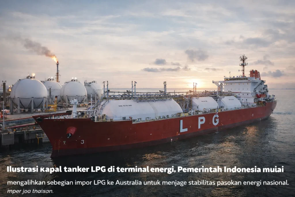 ilustrasi kapal tanker LPG di terminal energi sebagai simbol impor LPG Indonesia dari Australia