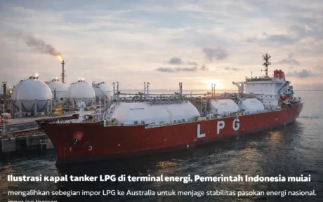 ilustrasi kapal tanker LPG di terminal energi sebagai simbol impor LPG Indonesia dari Australia