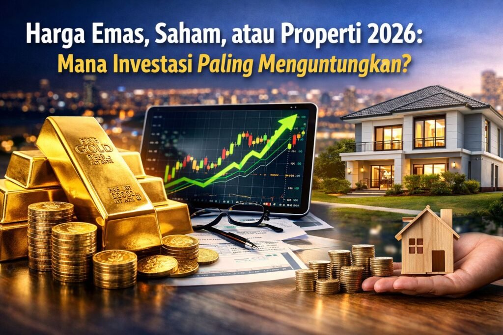 Perbandingan investasi emas, saham, dan properti tahun 2026 dengan grafik pertumbuhan investasi dan ilustrasi rumah serta emas batangan.