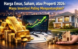 Perbandingan investasi emas, saham, dan properti tahun 2026 dengan grafik pertumbuhan investasi dan ilustrasi rumah serta emas batangan.