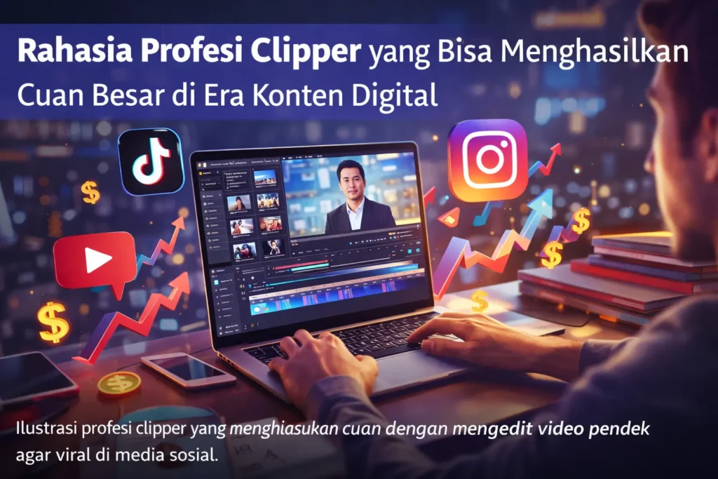 ilustrasi seseorang mengedit video pendek di laptop untuk membuat konten viral sebagai profesi clipper di era konten digital
