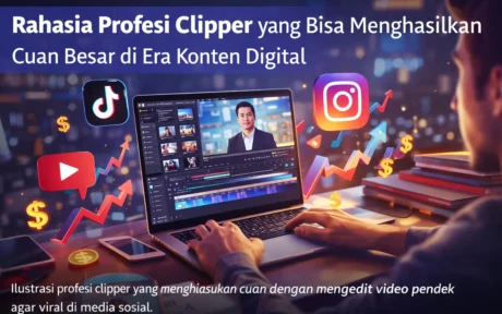 ilustrasi seseorang mengedit video pendek di laptop untuk membuat konten viral sebagai profesi clipper di era konten digital