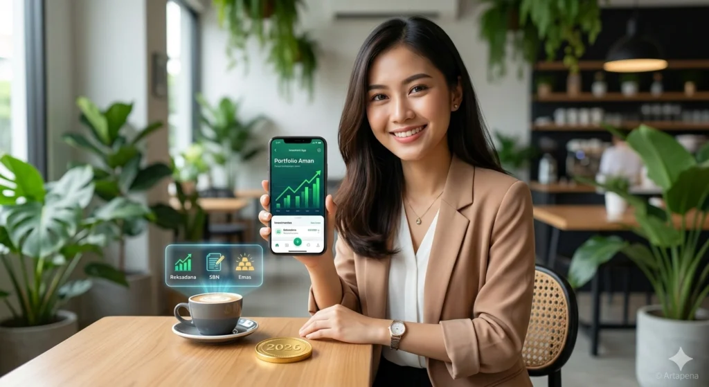 Seorang wanita muda Indonesia di sebuah kafe modern sedang tersenyum sambil melihat smartphone yang menampilkan aplikasi portofolio investasi aman tahun 2026.