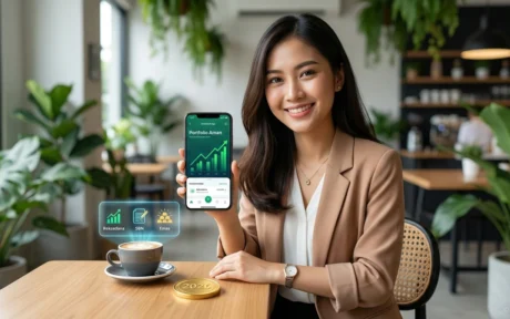 Seorang wanita muda Indonesia di sebuah kafe modern sedang tersenyum sambil melihat smartphone yang menampilkan aplikasi portofolio investasi aman tahun 2026.
